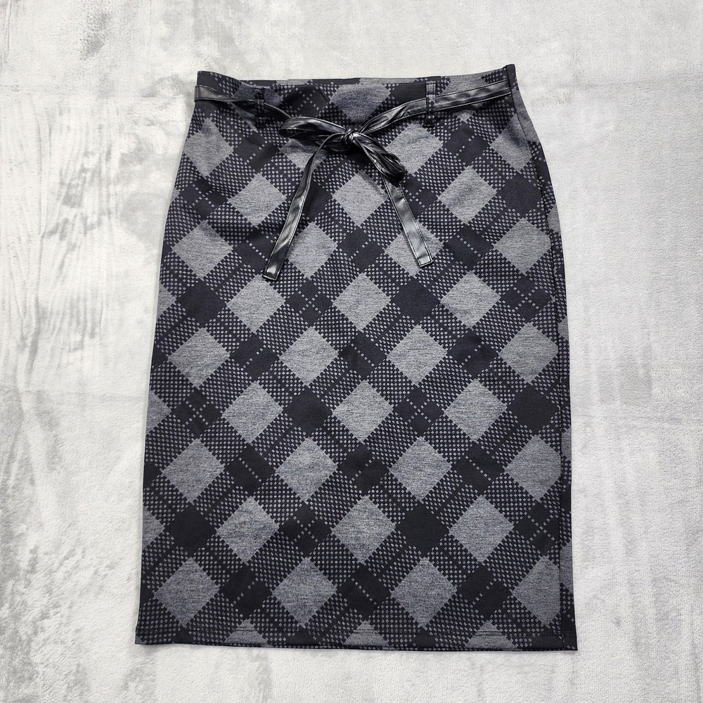 Carole Wren Skirt Womens S Gray Argyle Pencil Knit Pull On Faux Leather Tie Belt